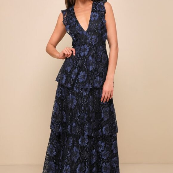 Lulus Molinetto Navy Blue Lace Ruffled Tiered Sleeveless Maxi Dress - Size M - Picture 1 of 1